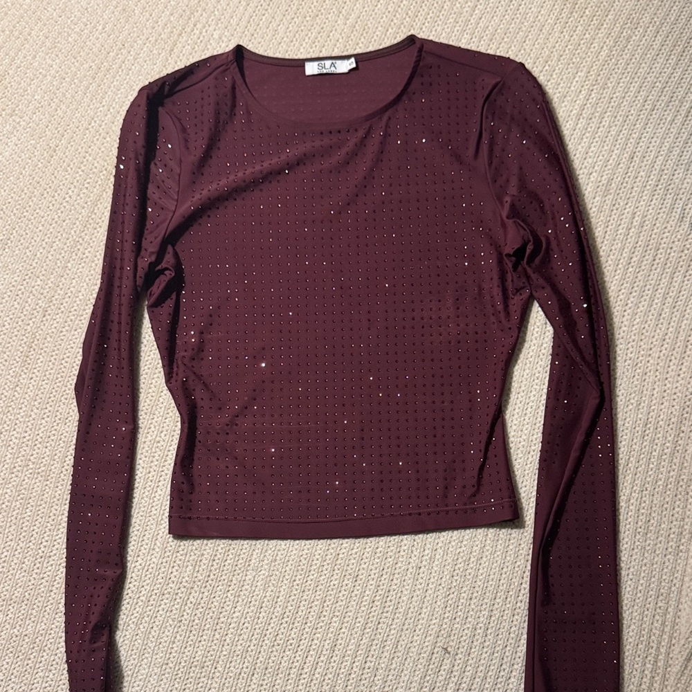 SLA The Label Saffi Diamante skirt and long sleeve top set - Plum - size S